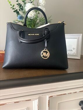 Michael Kors Black Pebbled Leather Satchel with Gold MK Charm